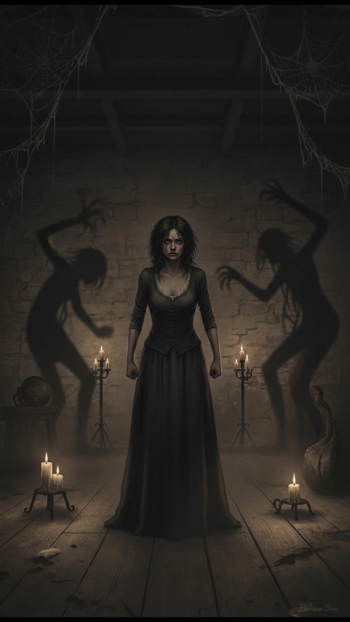 Eliza standing in a dim room, looking tense as shadows loom around her.