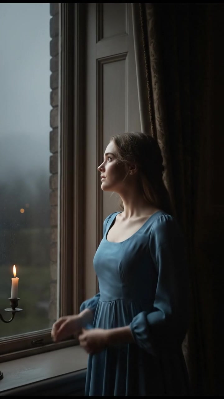 Anna standing by the window with a hopeful expression, looking outside.