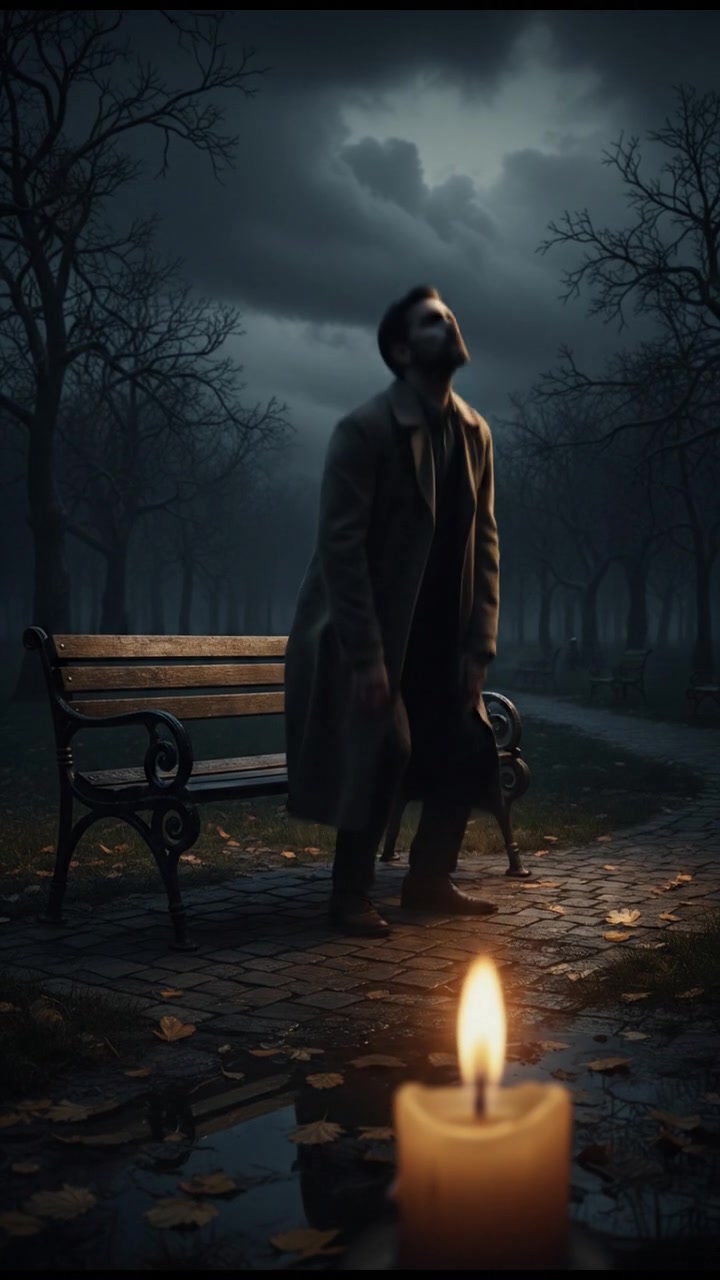 Taufik sitting alone on a park bench, gazing at the sky with a pensive expression.