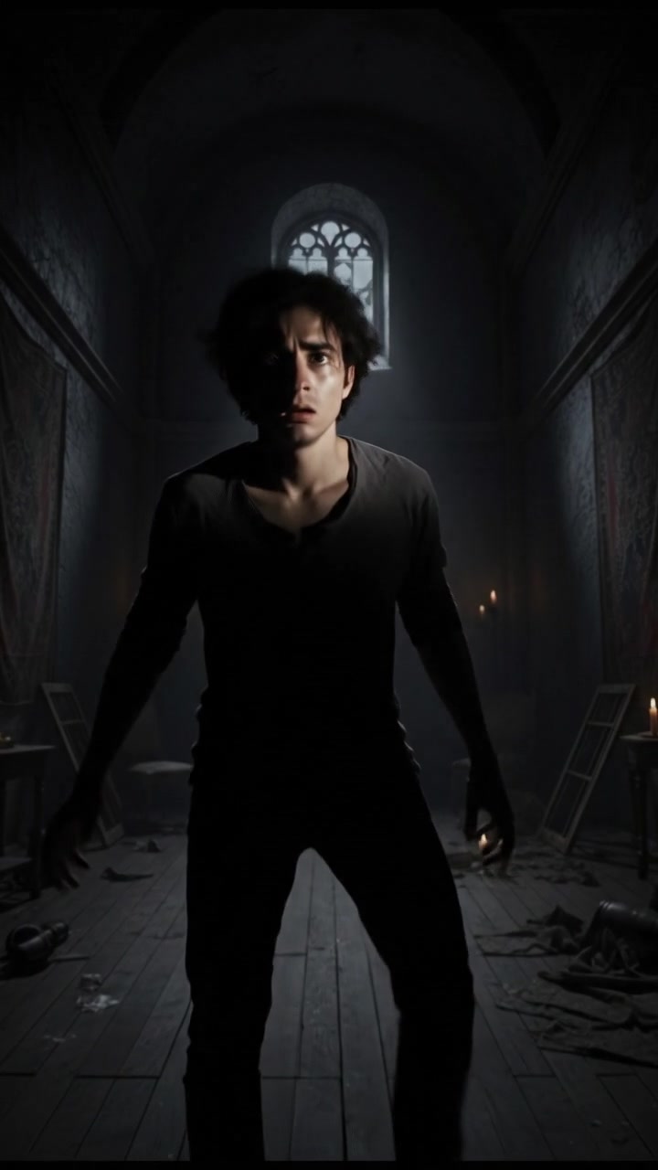 Raka standing in the dark room, his hands slightly trembling in fear.