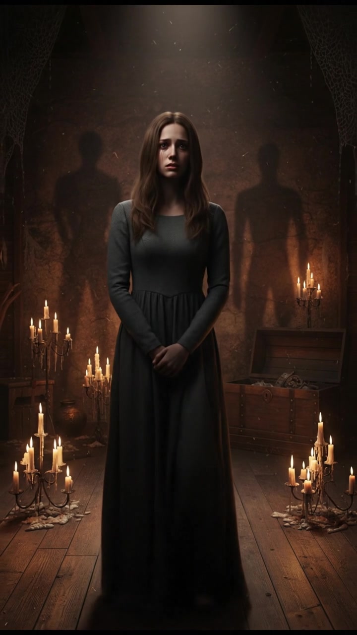 Anna, looking worried, stands in a dimly lit room, shadows cast across the walls.