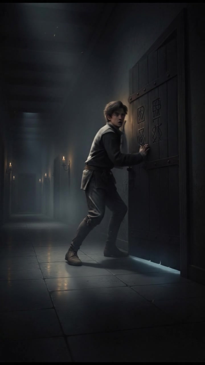 Jake standing in a dimly lit hallway, looking startled near a closed door.