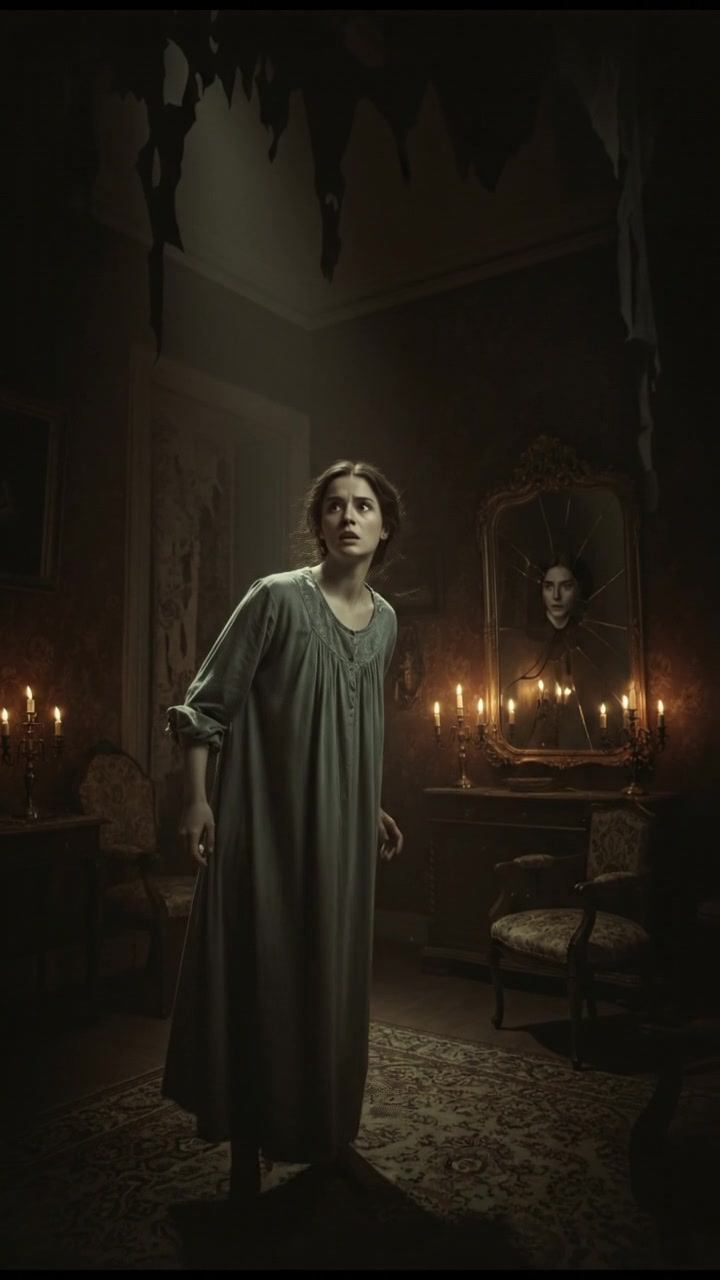 Anna looking startled in a dimly lit room, glancing fearfully around her.