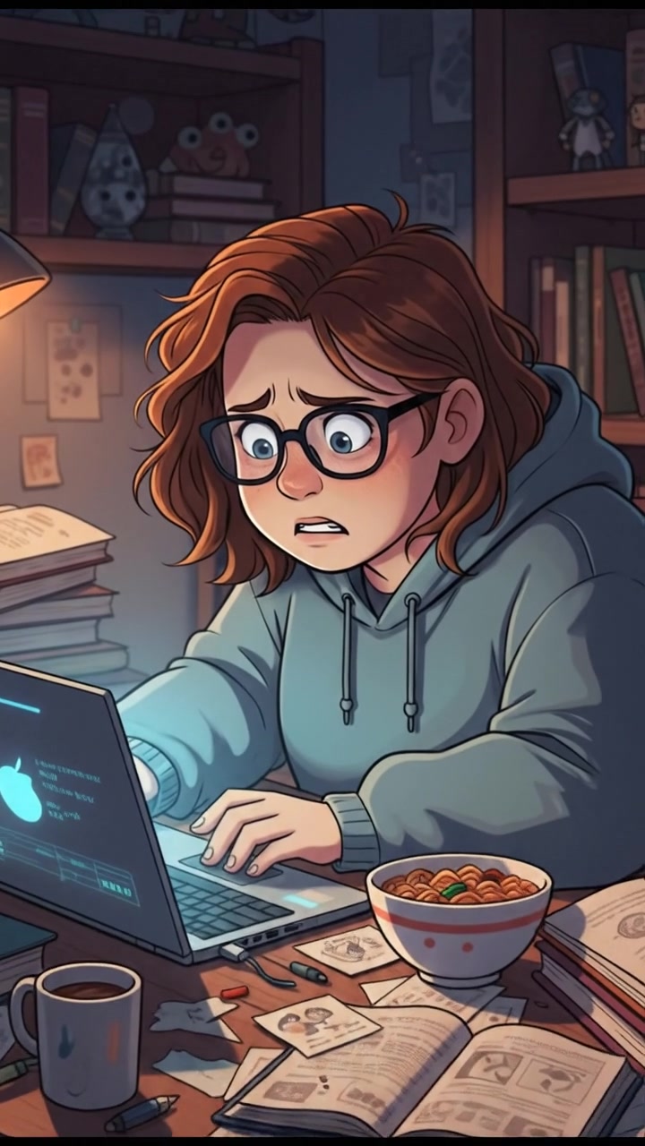 Dika sitting at a cluttered desk with books and a laptop, looking anxious.