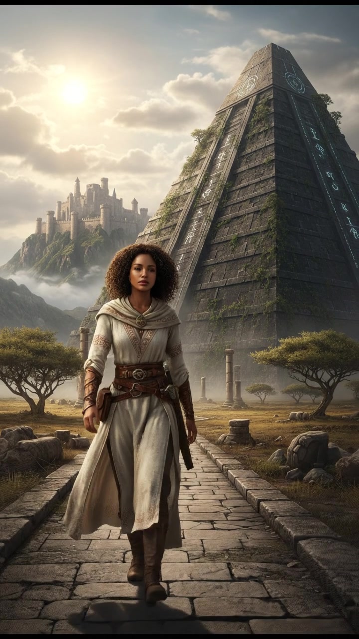 Nia in light clothing walks past a massive pyramid in the midday sun. 