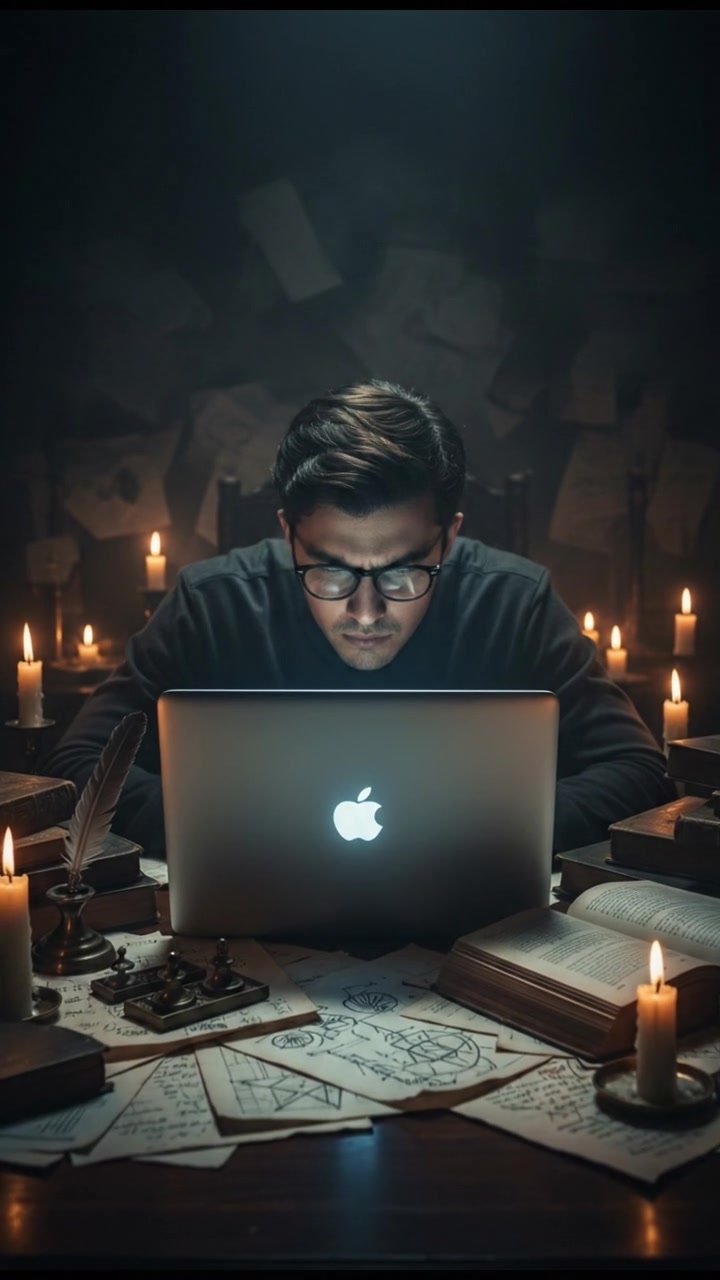Zayan staring intensely at a laptop, papers and notes spread around him on the desk.