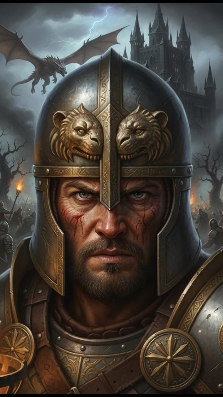 A close-up of Maximus's face, with a focused expression as he prepares for battle.