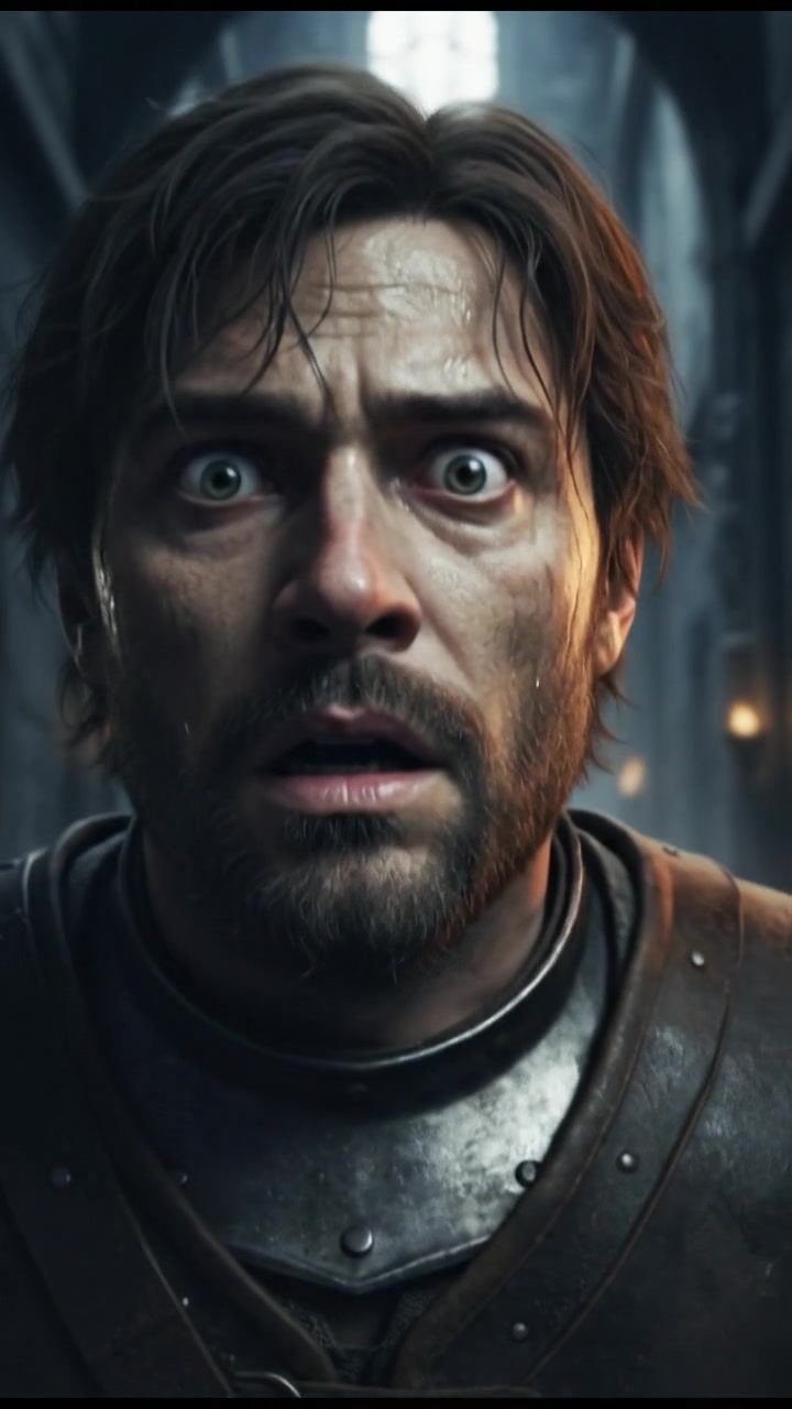 A close-up of Andi's face showing fear as he hears the sound of heavy footsteps.