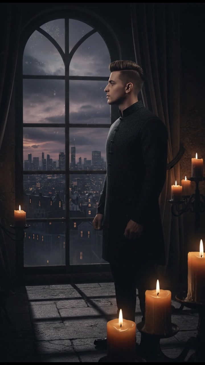 Amir, standing by a window, looks out at the city skyline with a thoughtful expression.