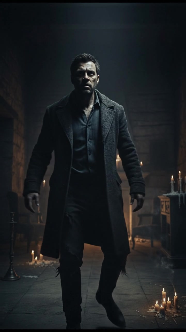 Rudi standing frozen in a dark room, his face illuminated only by fleeting shadows.