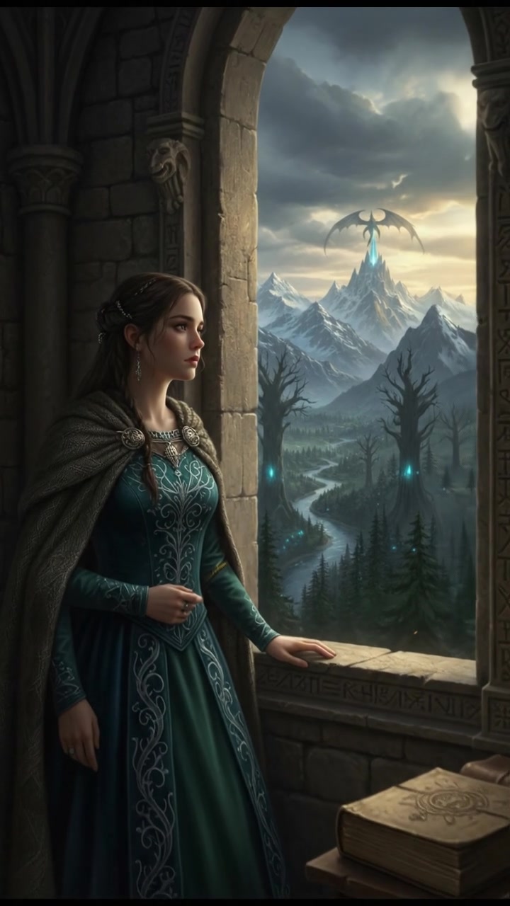 Emily staring out of a window with a pensive look, lost in her thoughts.