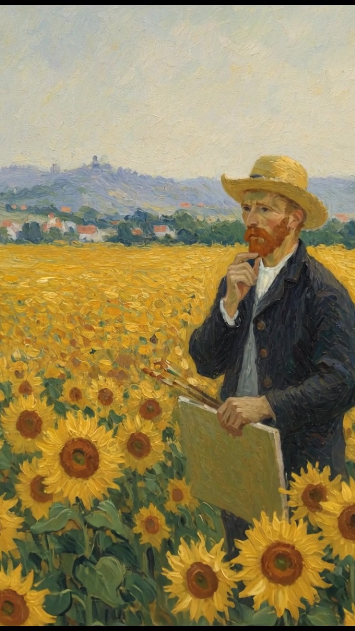 Vincent Van Gogh standing in a field of sunflowers, looking contemplative and inspired.