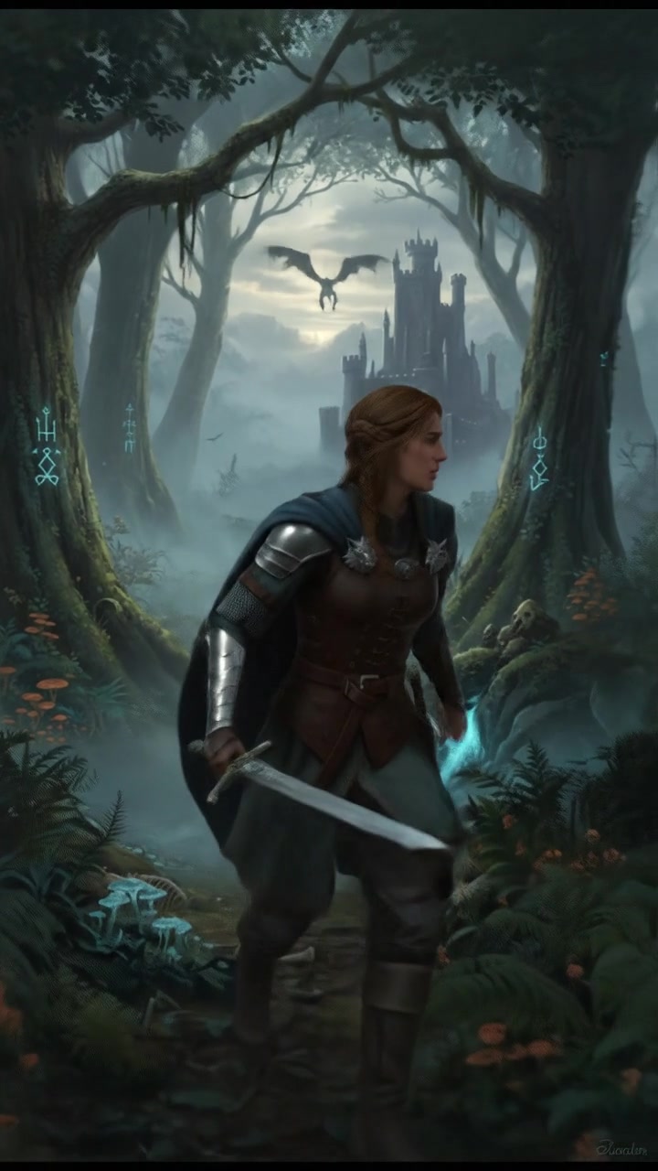 Anna stands amidst tall trees in a dense forest, looking around with a worried expression.