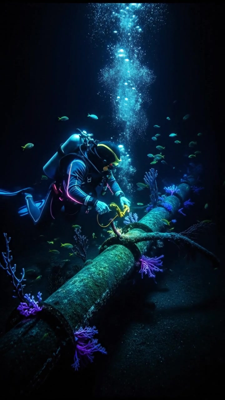 Jim, in diving gear, inspecting the underwater oil pipeline, focused on his task.