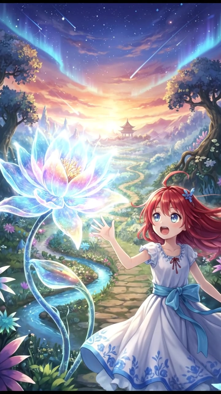 Akari stands amazed, her hand reaching out towards a glowing flower in the garden.