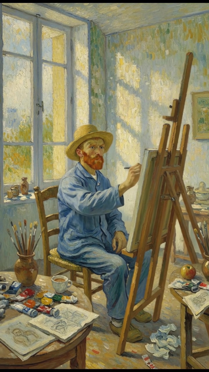 A portrait of Vincent Van Gogh sitting in a sunlit room, surrounded by art supplies, sketching on a canvas.