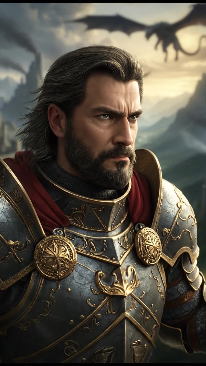 David stands confidently on a small hill, overlooking a valley, with a determined expression.