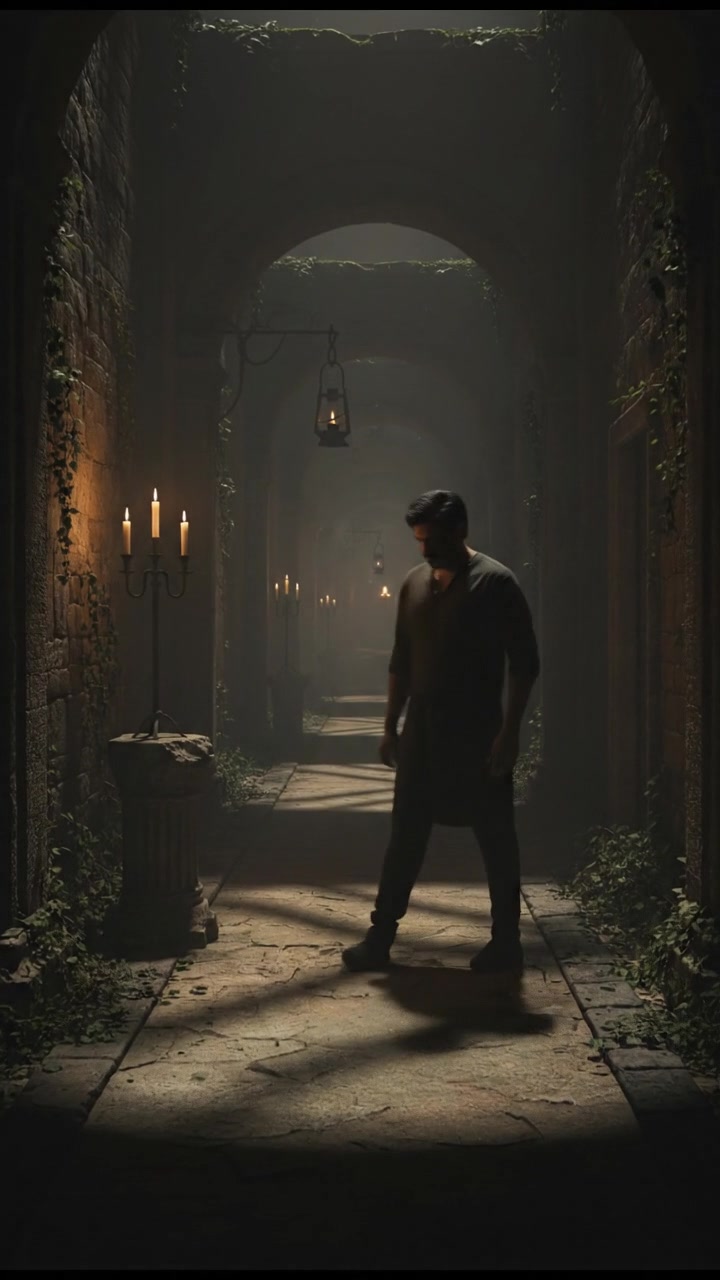 Ajay standing alone in a dimly lit hallway, looking thoughtful with shadows surrounding him.