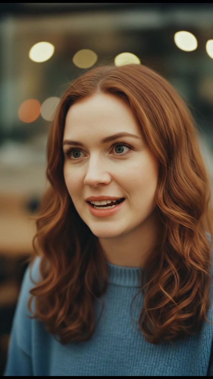 A close-up of Curious Lady speaking, her face expressive as she assures them.