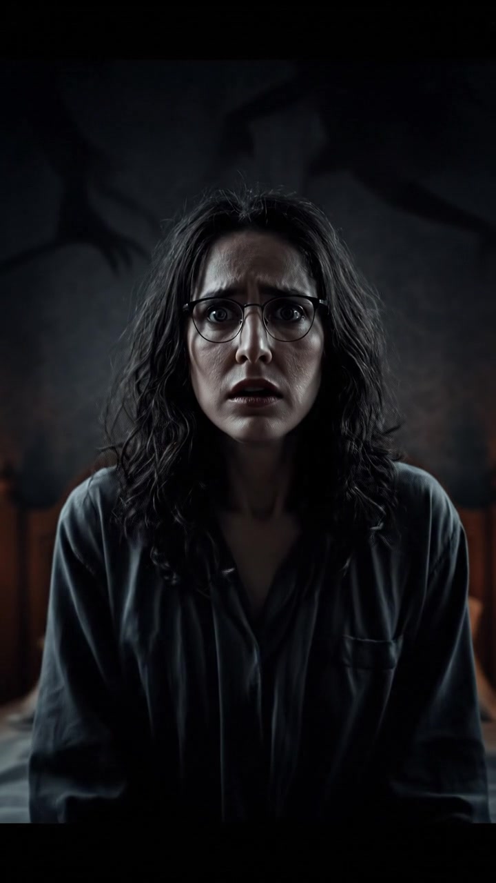 You sitting in bed at night, looking fearful while shadows loom around you, whispering fills the air.