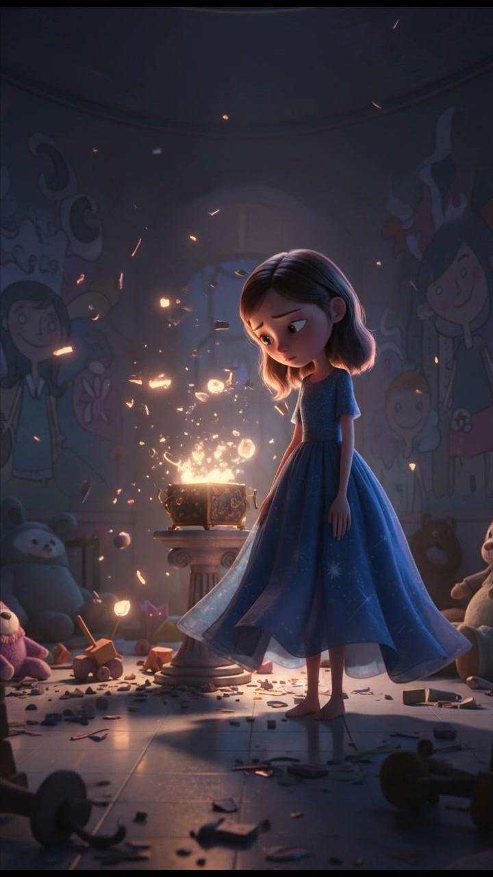 Rina standing alone in a dimly lit room, shadows reflecting her feelings of loss and confusion.