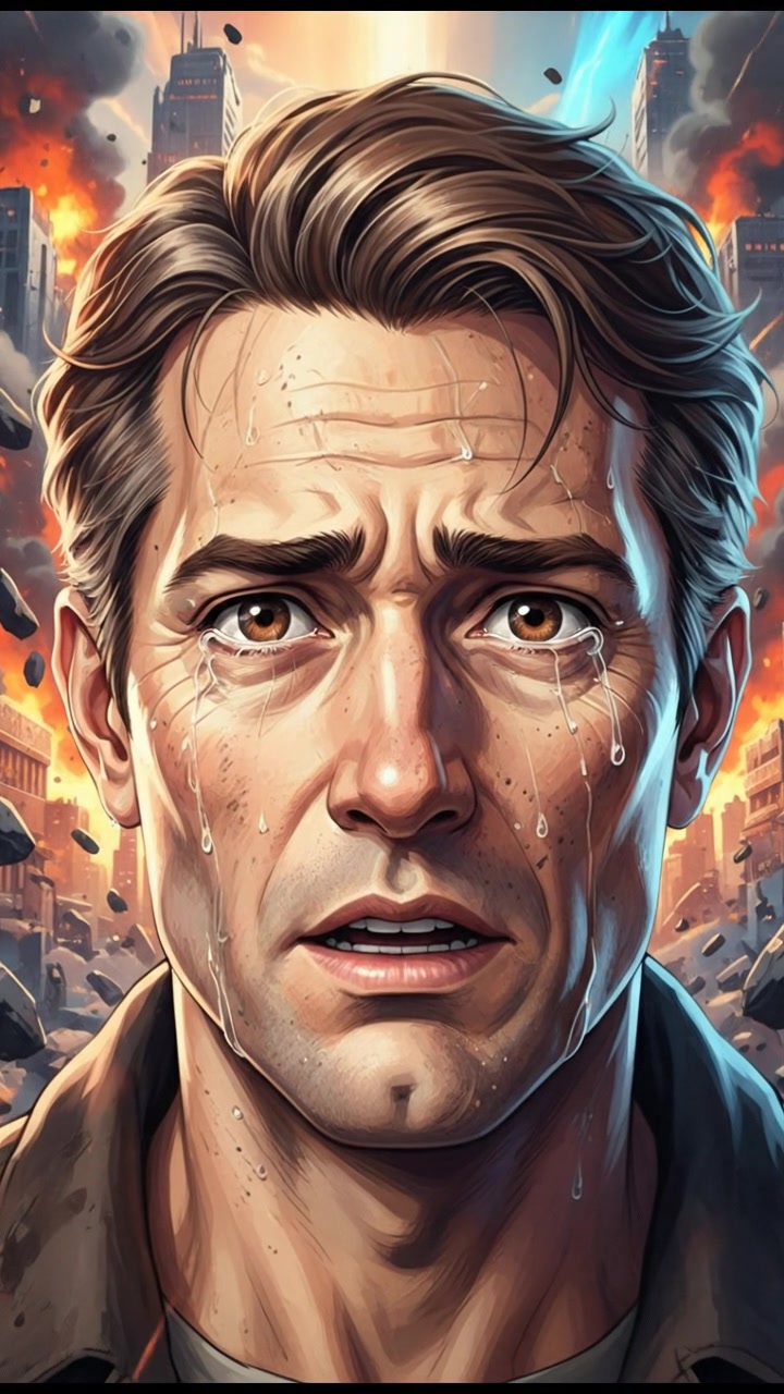 A close-up of Mark's face as he speaks weakly amidst the chaos.