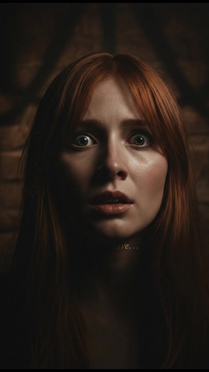 A close-up on Emma's startled face as she hears the whisper 'Don't... leave...' echoing around her.