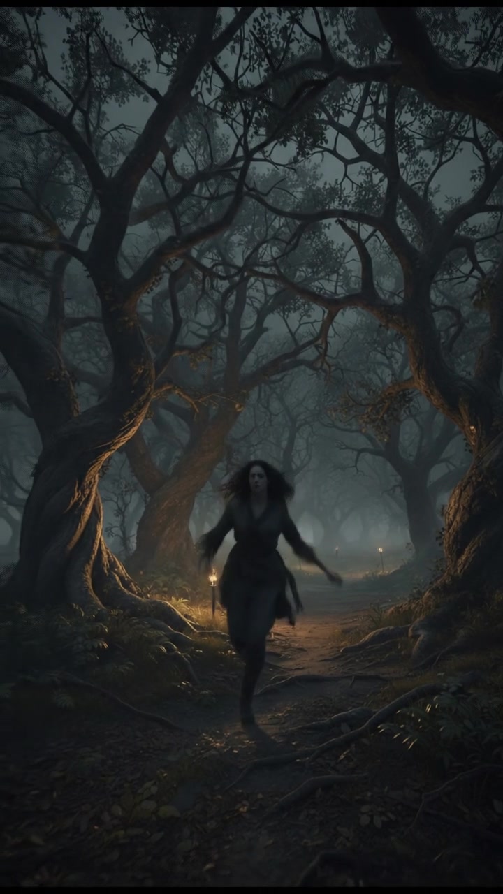 Anna running through a dark forest, with trees towering ominously around him.