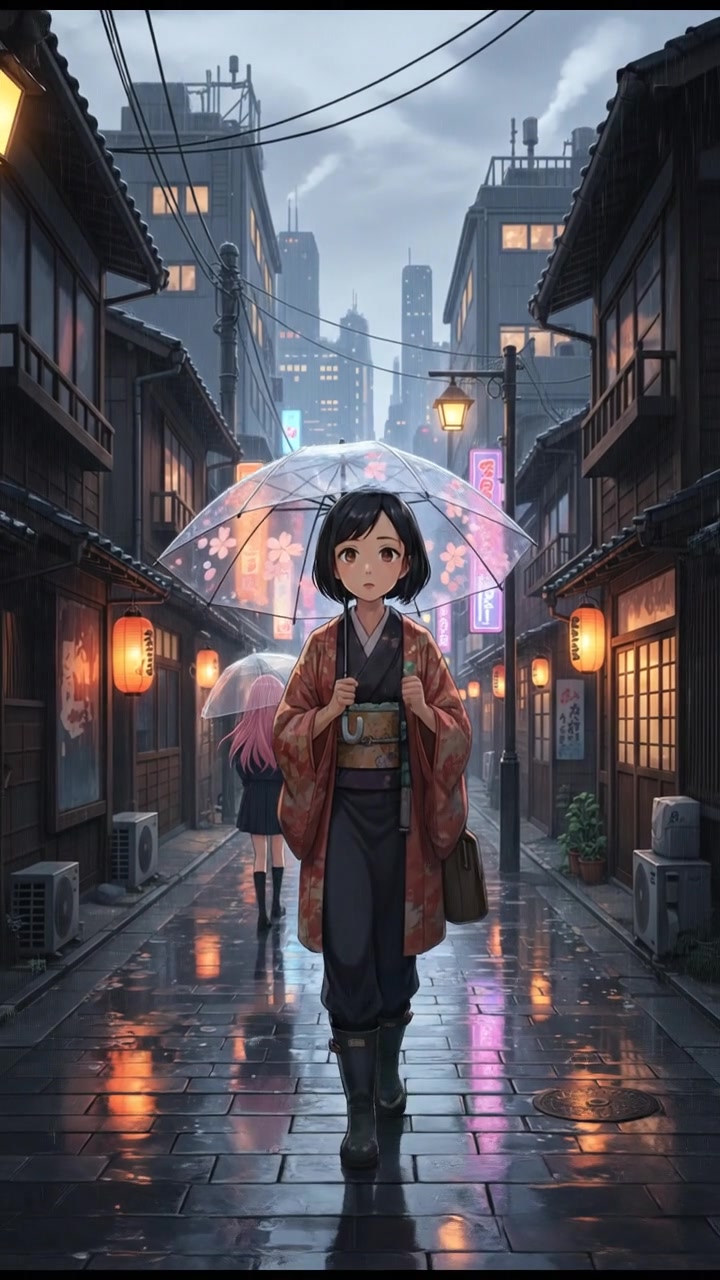 A rainy street in Tokyo, with traditional buildings lined along the road and Akari walking under an umbrella.