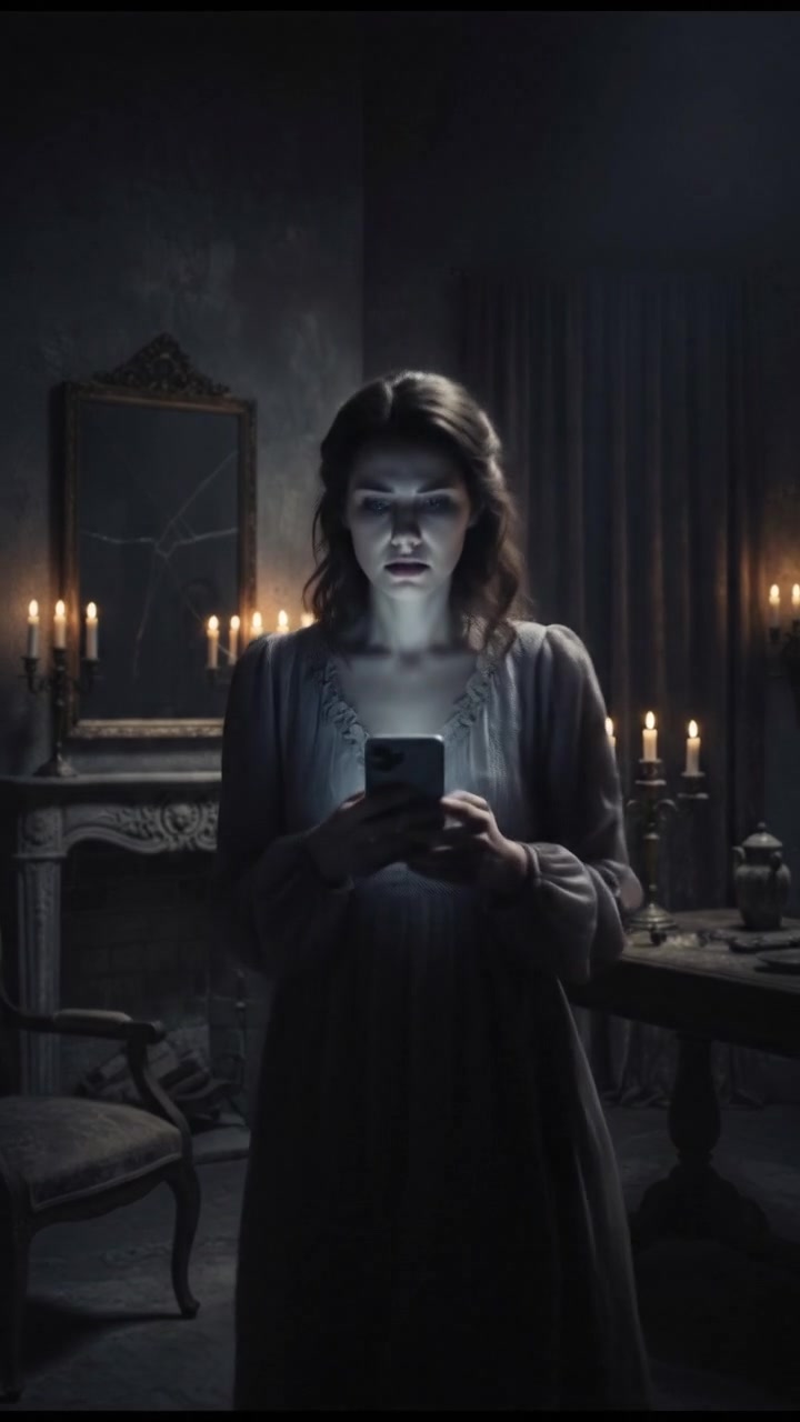 Sarah standing in a dimly lit room, looking anxious while glancing at her phone.
