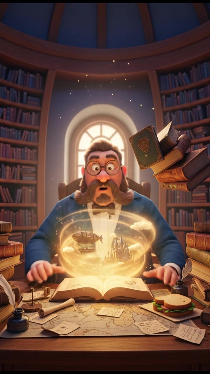 The Narrator sitting at a desk cluttered with books and papers, looking surprised.