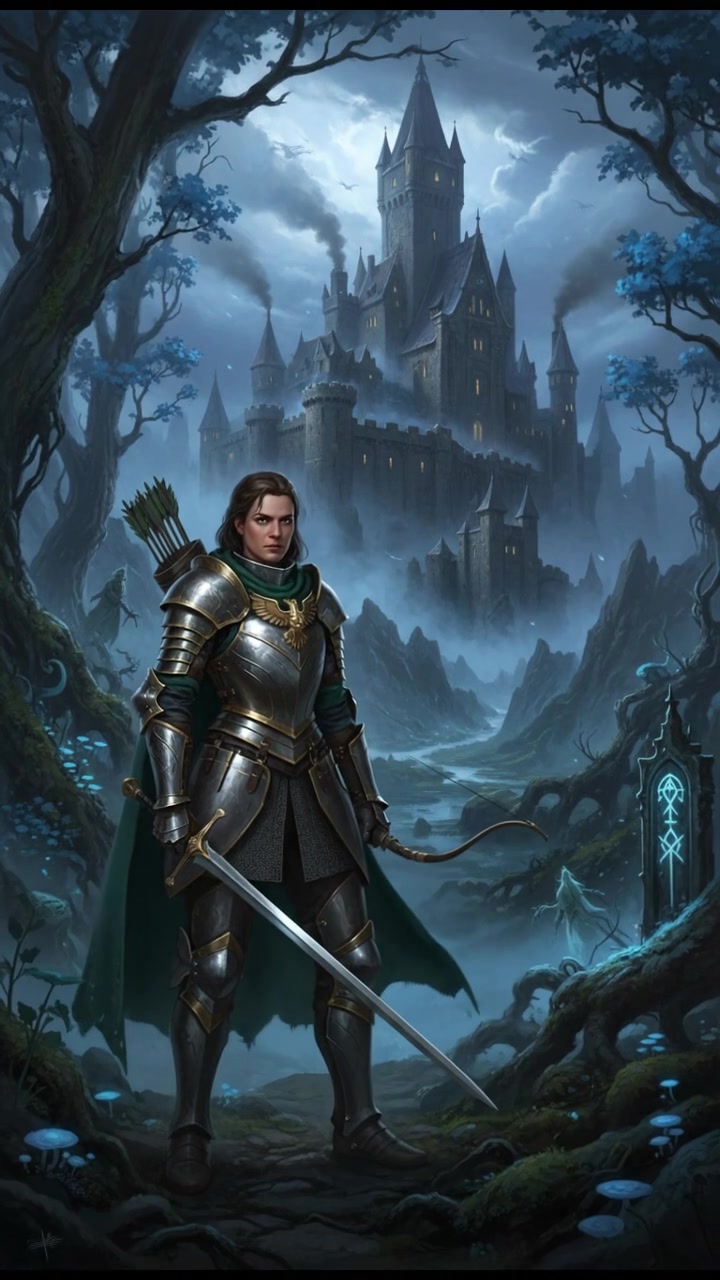 Evelyne, determined, stands at the edge of a dark forest, ready to enter.