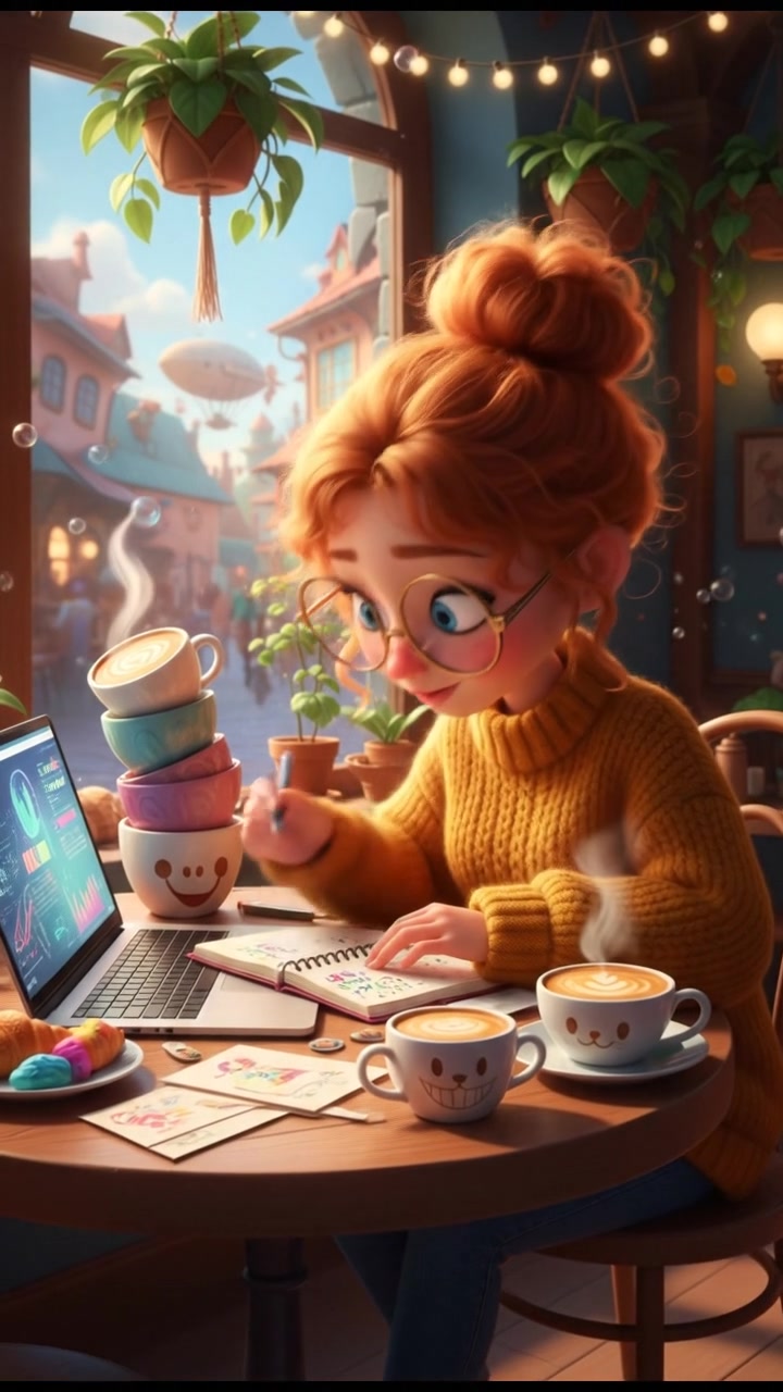 Bella sitting at a café table, writing notes in a notebook with a laptop open, surrounded by coffee cups.