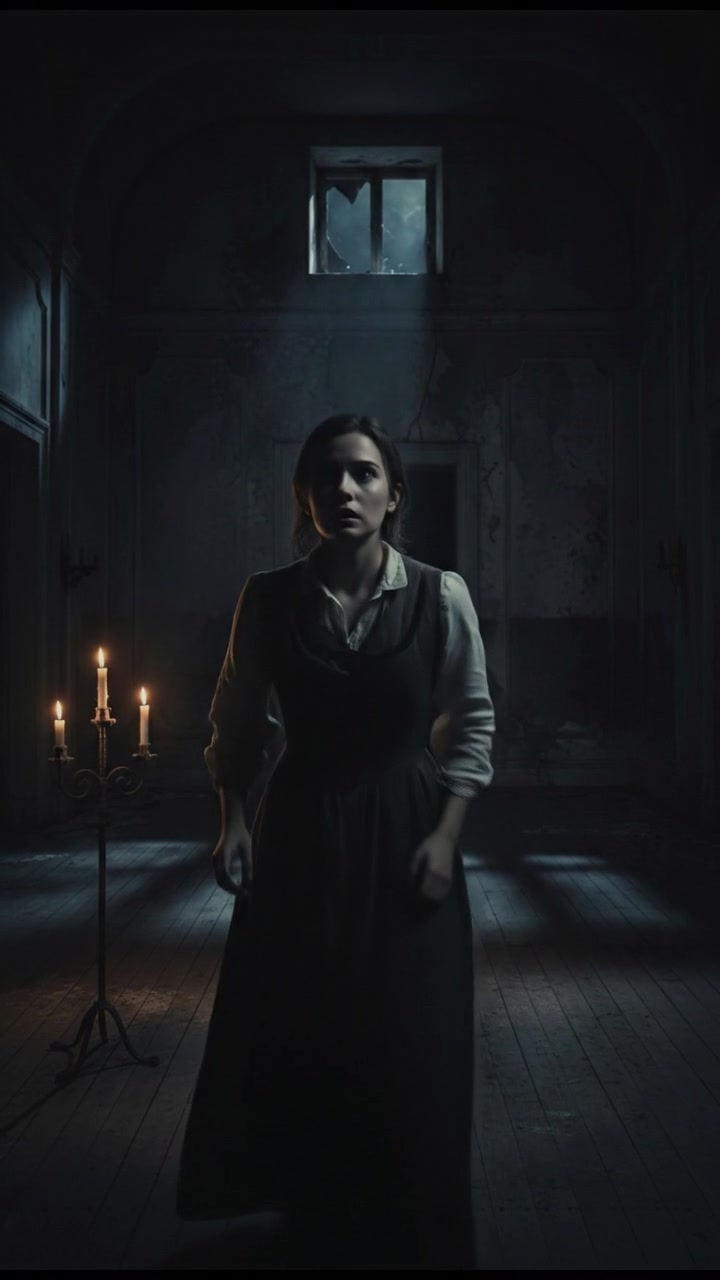 An empty room with Sarah in the foreground, looking nervously into the darkness.