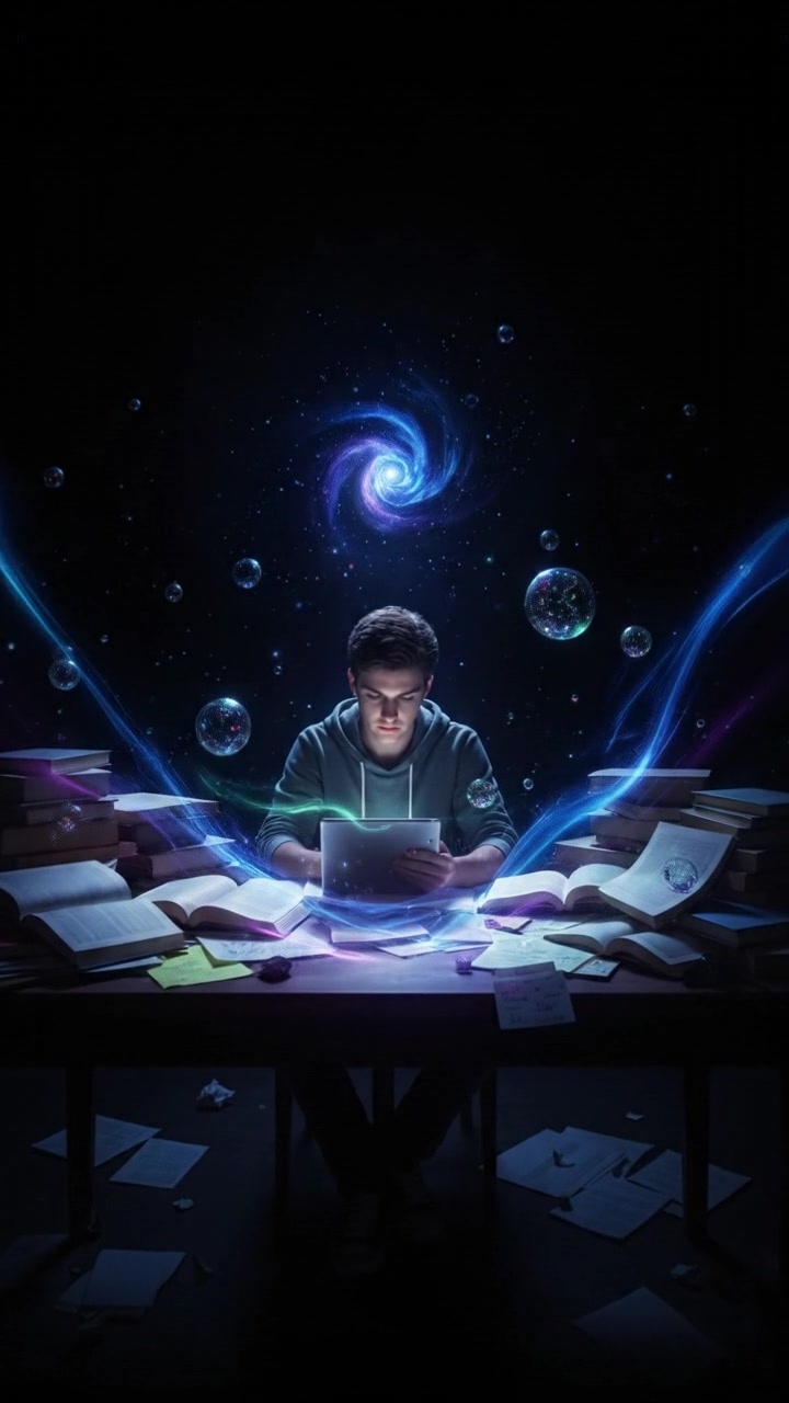 Rina studying at his desk covered with books and papers, focused on his notes in a dimly lit room.