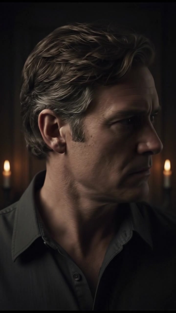 Close-up of Mark's face, showing his concern as he gazes at the creaking door.