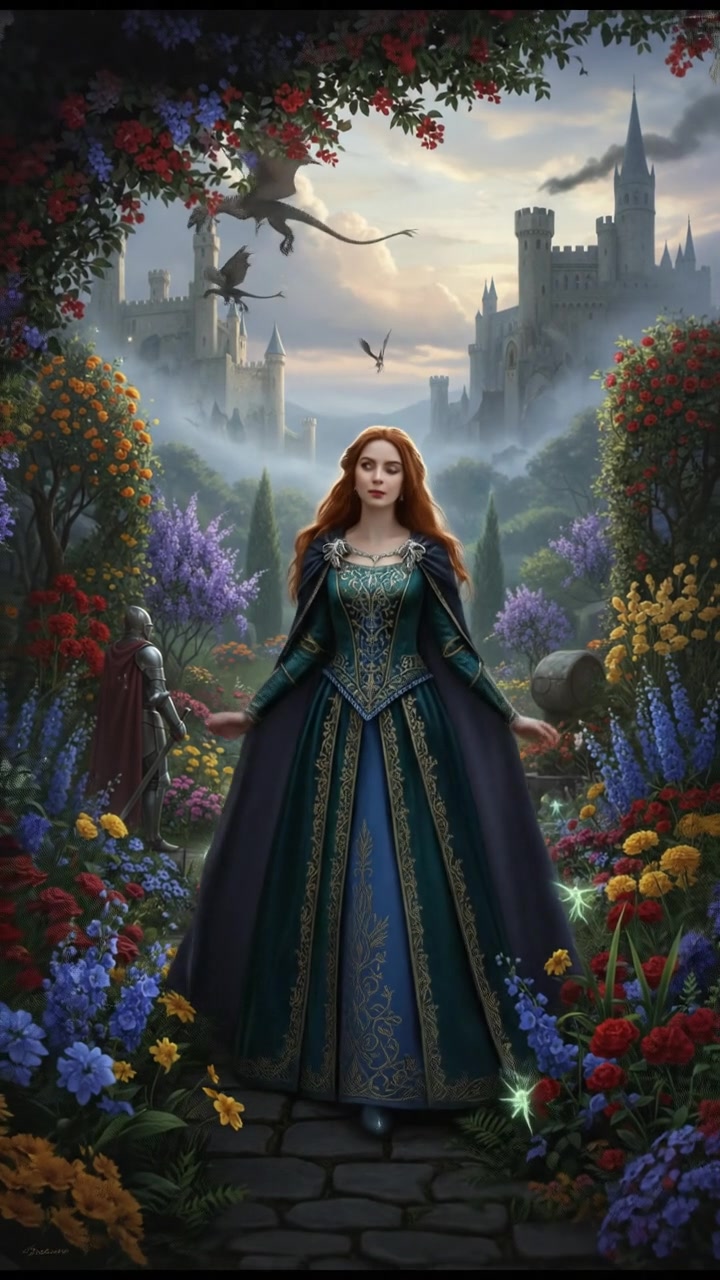 The Girl walking through a colorful flower garden, surrounded by blooming flowers and lush greenery.