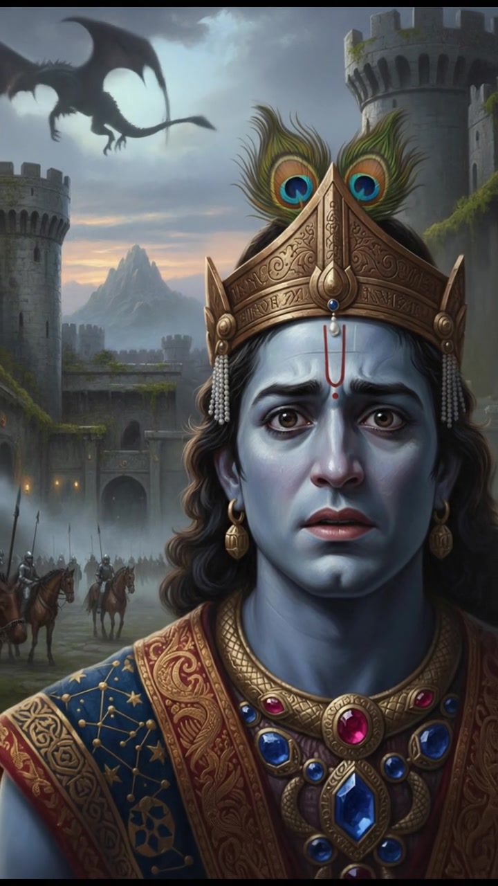 A close-up of Krishna's face, displaying concern, with soft light illuminating his features.