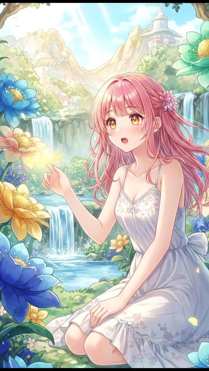 Akari in a garden, gently touching a flower petal, looking amazed.