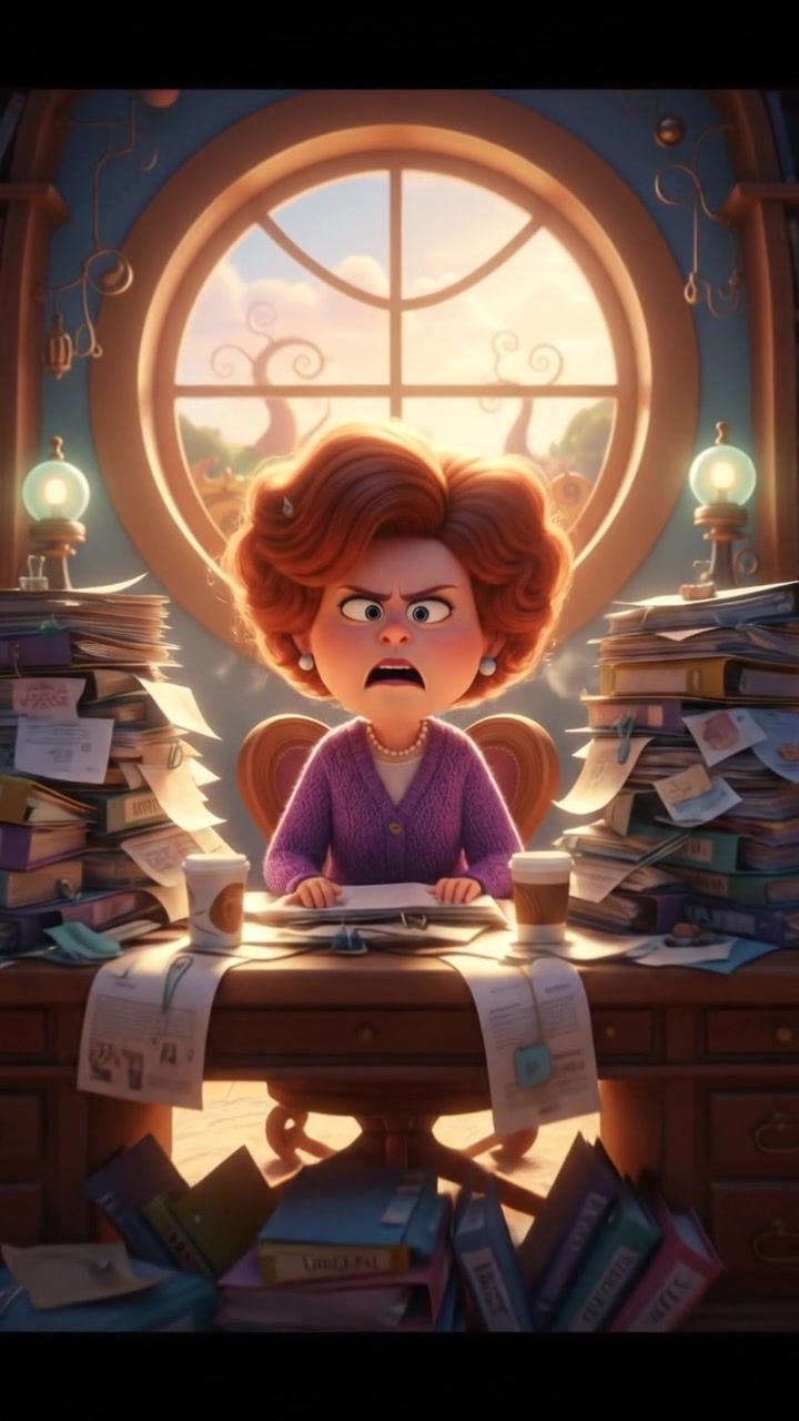 Mrs. Peterson looking frustrated, paperwork piled high on her desk.