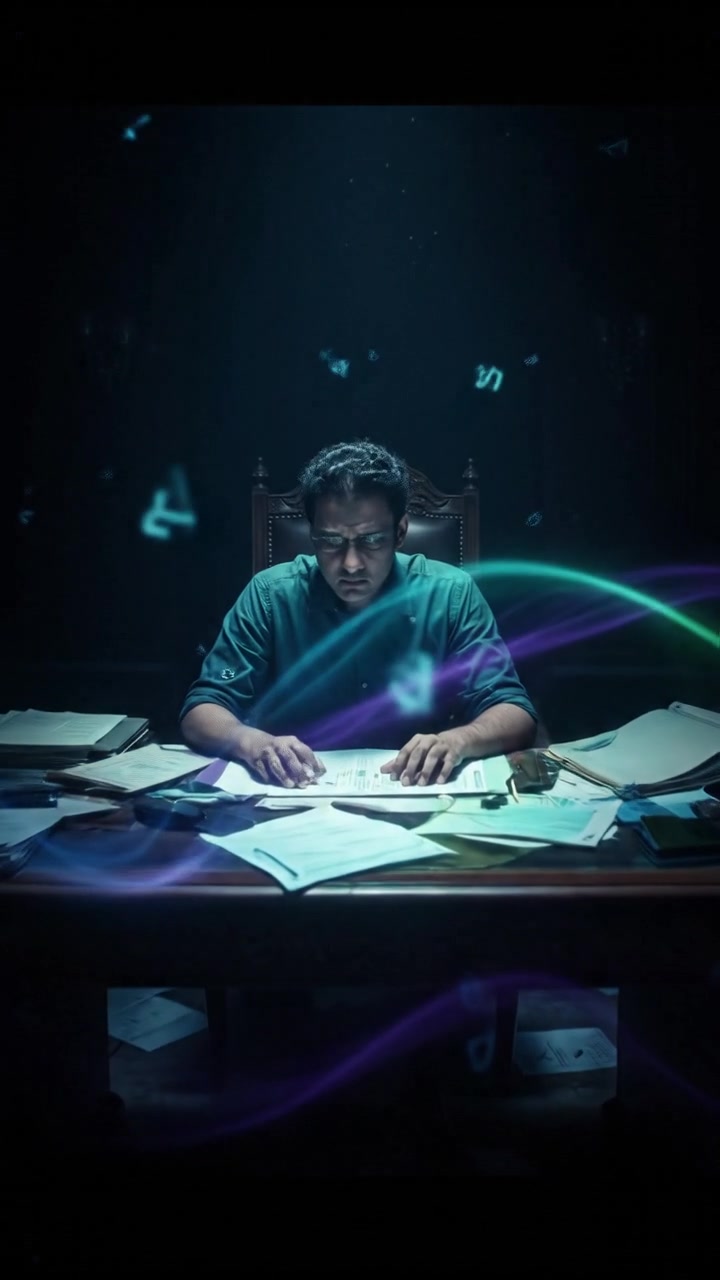 Mr. Rahman looking at a report with a concerned expression, sitting at a desk filled with documents.