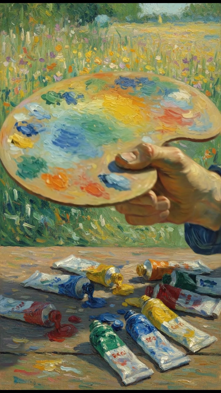 A close-up of Van Gogh's hand with a palette, surrounded by colorful paint tubes.