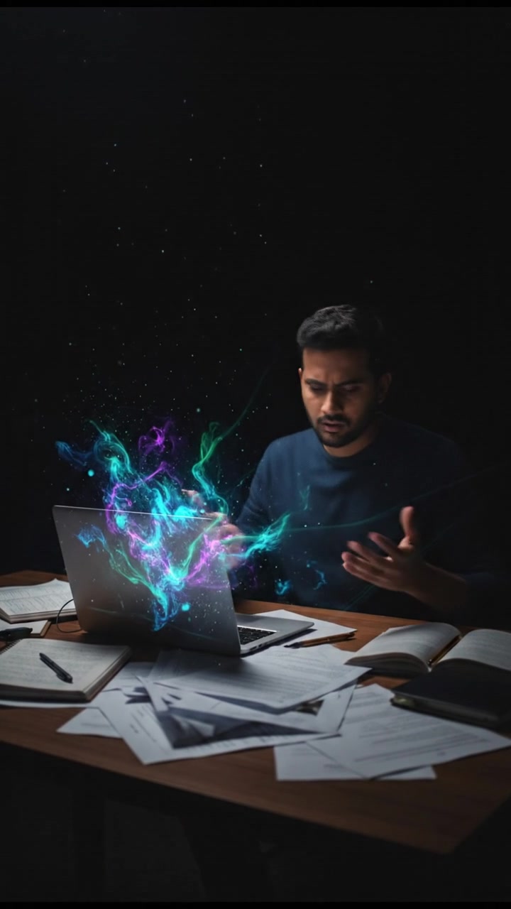 Rahul brainstorming ideas at a desk cluttered with papers and a laptop, looking determined.