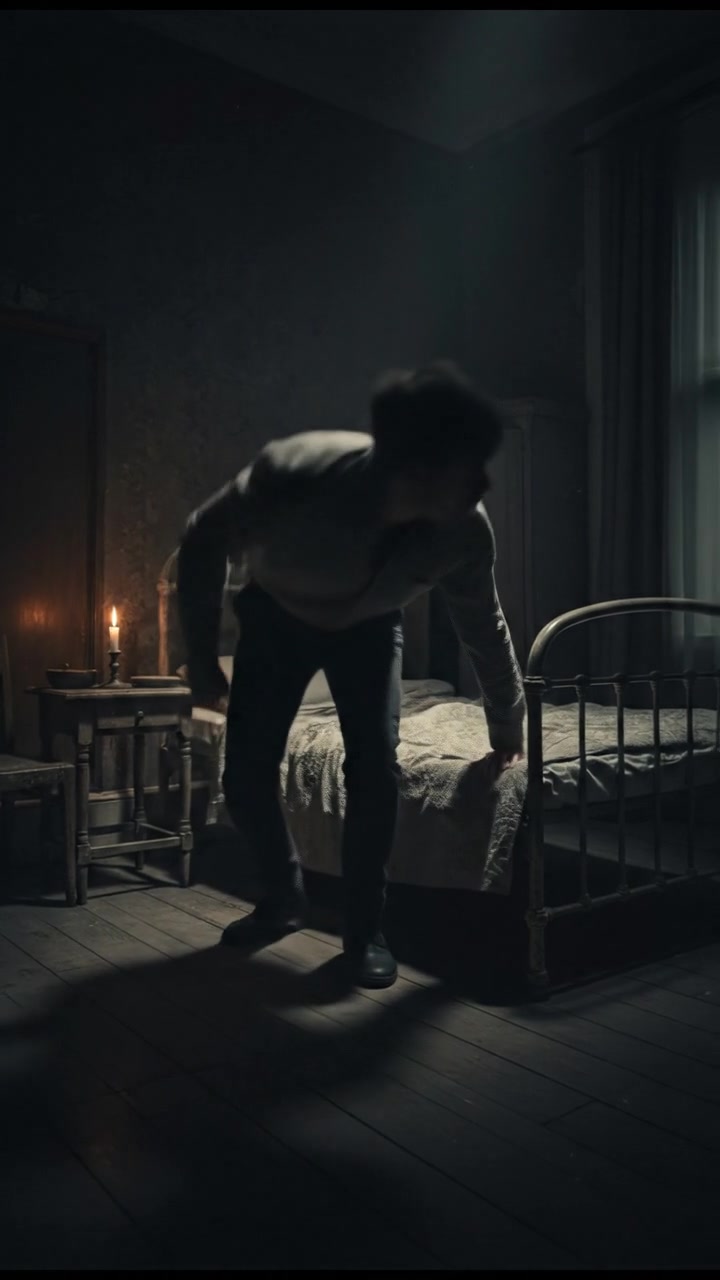 Liam sits on the edge of his bed, looking around nervously in the dark.