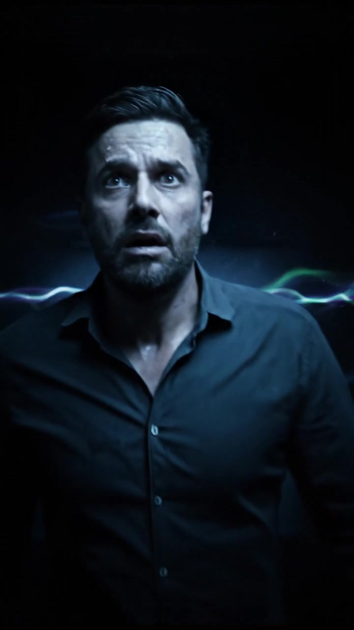 You standing still in a dimly lit room, breathing heavily with a fearful expression.