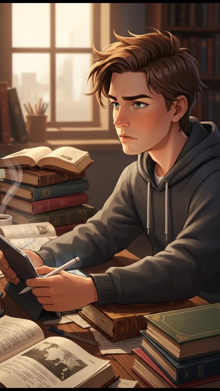 A close-up of Student 4 taking notes at a desk, with a thoughtful expression, surrounded by open books.