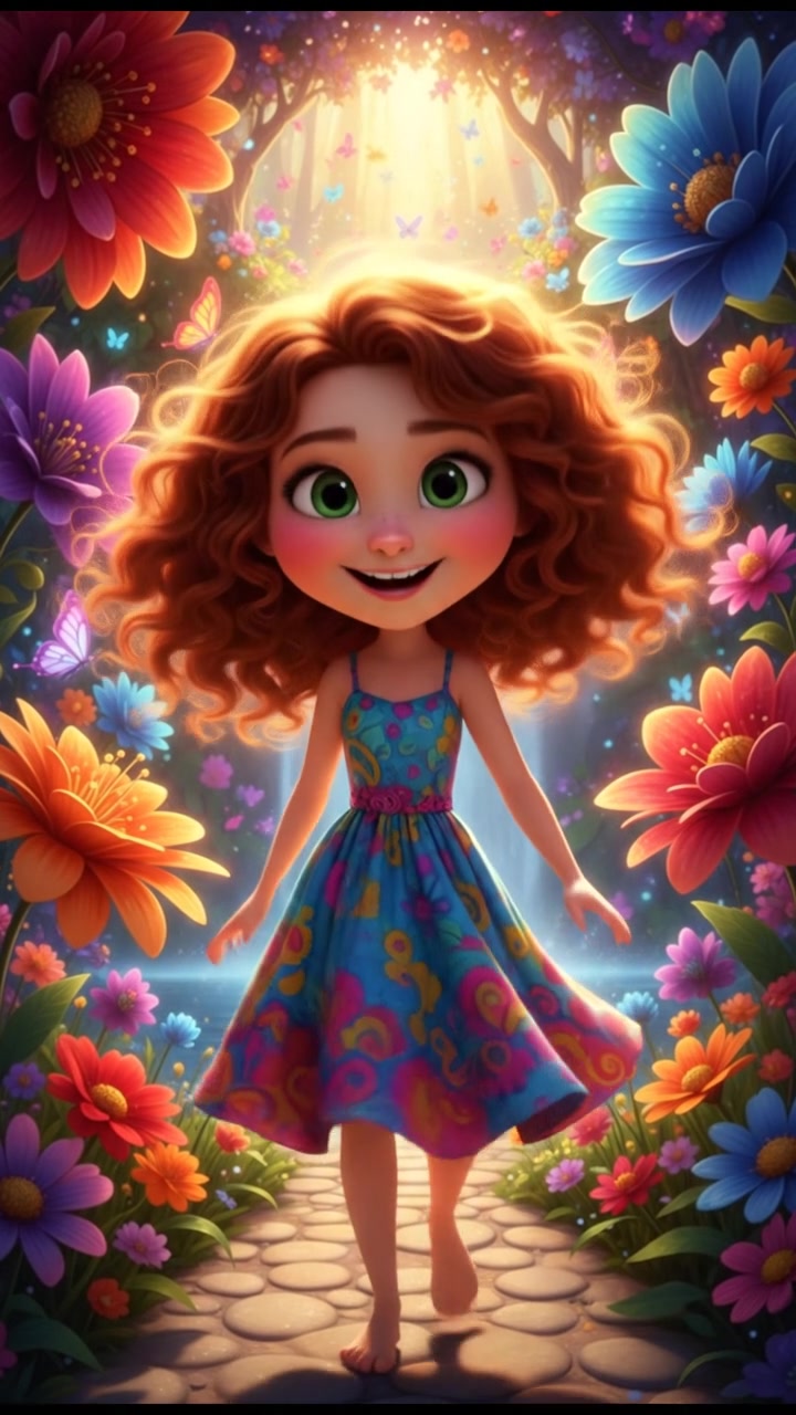 Ani stands in a bright garden, smiling under the sun, with flowers blooming around her.