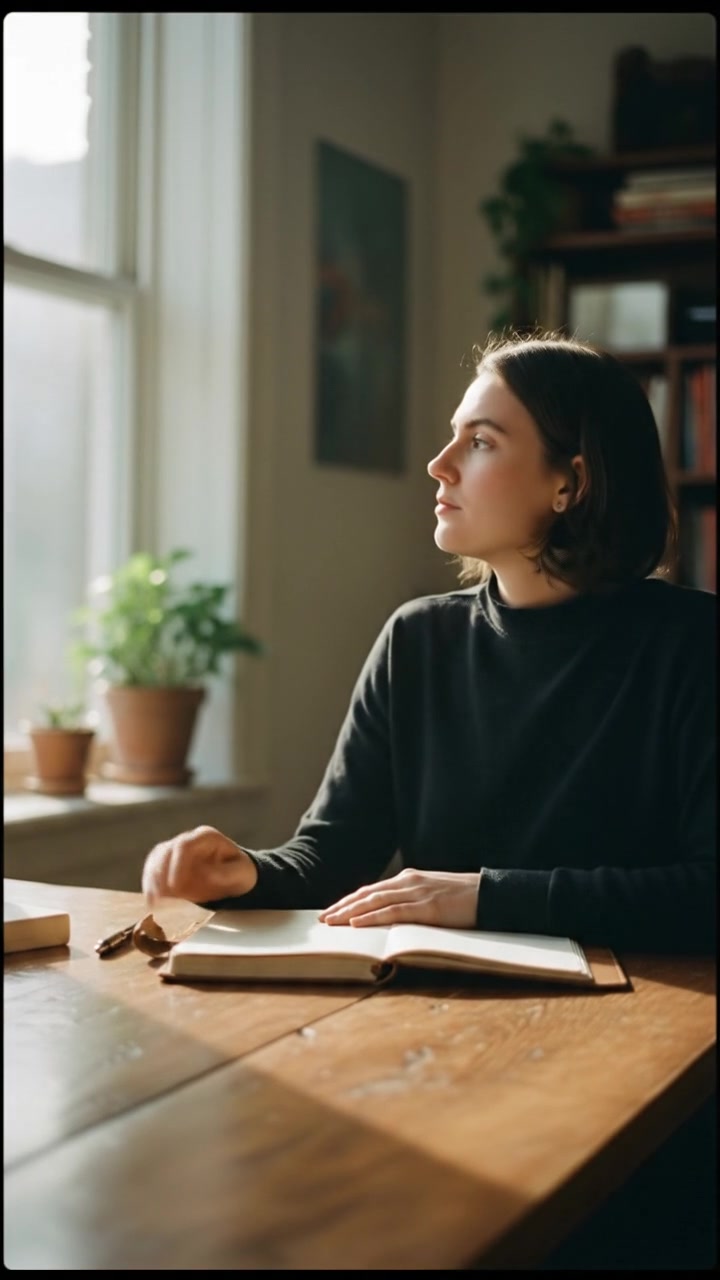 You, sitting at a wooden table with a notebook, looking contemplative as she writes with a pen.