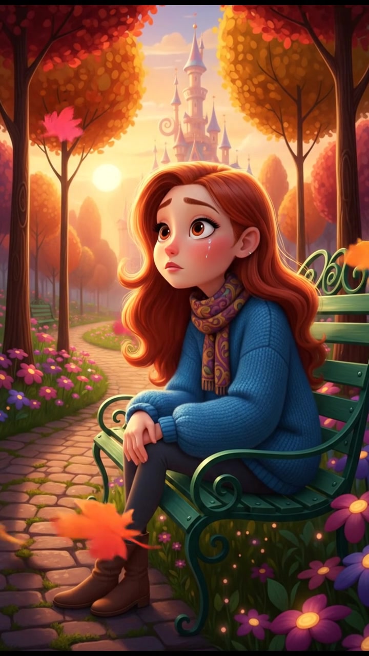 Lina sitting on a park bench, looking pensive.