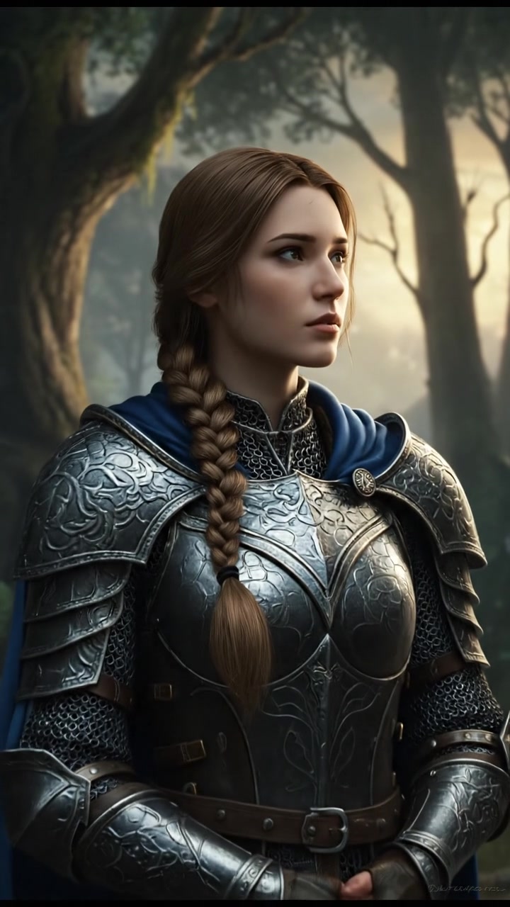 Seraphina with a thoughtful expression, standing at the forest's edge, looking intently into the woods.